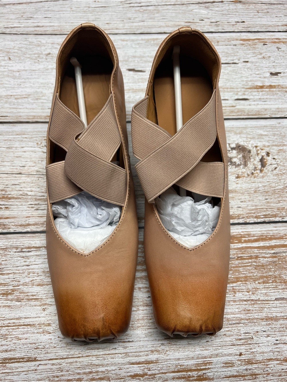 Neutral Tan Slip-On Ballet Flats with Cross Strap